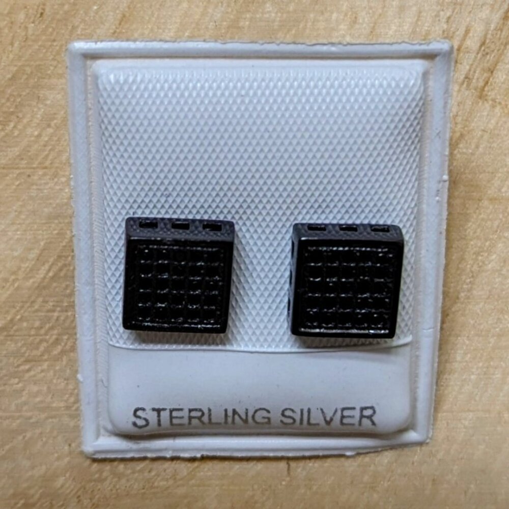 🆕.925 STERLING SILVER BLACK STONE SQUARE STUD EARRINGS FOR MEN